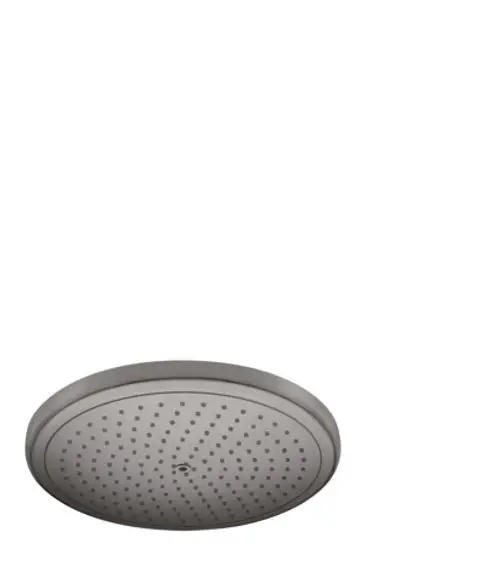 Runde Kopfbrause in Brushed Black Chrome mit vielen Düsen, montiert an einer Decke oder Wand. Produkt von Hansgrohe, geeignet für moderne Badezimmergestaltung.